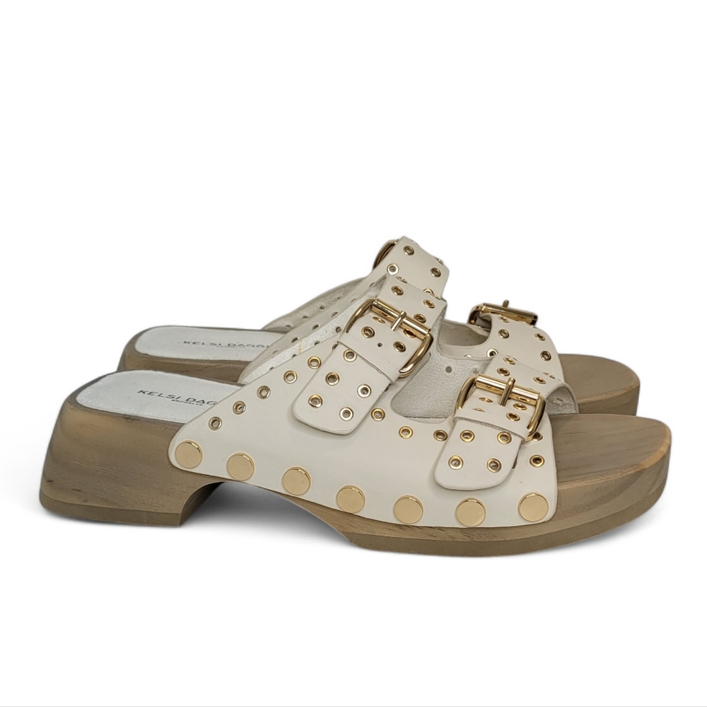 Anthropologie Kelsi Dagger Jolt Studded Platform Clog Sandals 9.5 Bone